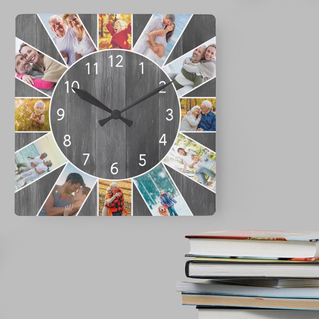 Reloj Cuadrado Madera gris Collage de fotos familiar personalizad (Photo clock with 12 photos, one at each hour. Great design for your home or a thoughtful photo gift.)