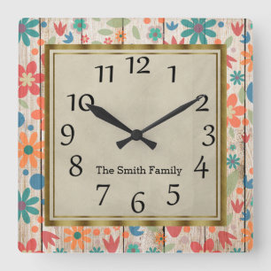 Reloj Cuadrado Madera gris con flores personalizadas en azul turq