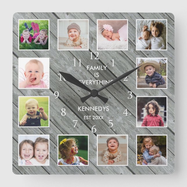Reloj Cuadrado Madera gris de granja personalizada de 12 Collages (Anverso)