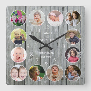 Reloj Cuadrado Madera gris personalizada 12 Collage de fotos fami