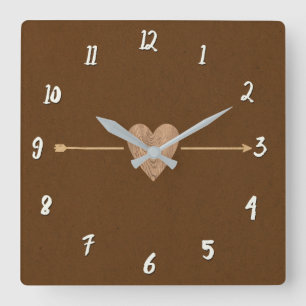 Reloj Cuadrado Madera Kraft Marrón Rústica Corazón y Flecha