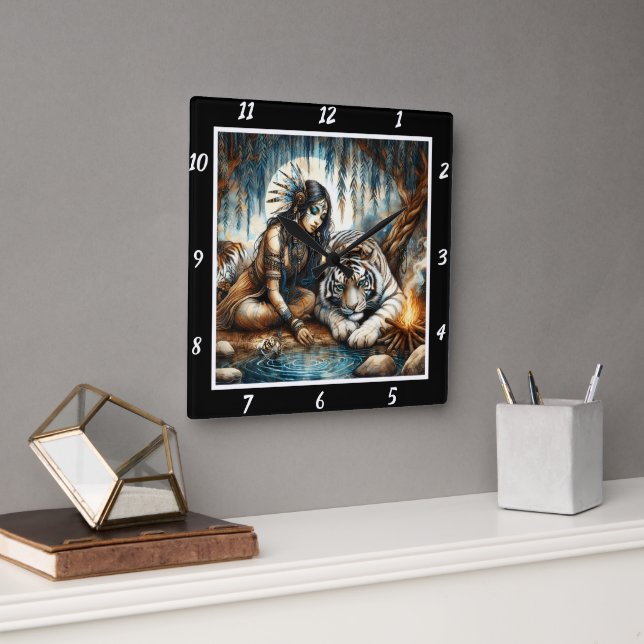 Reloj Cuadrado Madera nativa: El abrazo del resto del tigre (Oficina)
