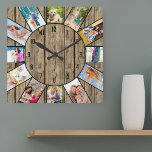 Reloj Cuadrado Madera natural rústica de 12 Collages de fotos per<br><div class="desc">Crea tu propio reloj de pared único con 12 de tus fotos favoritas. La plantilla de fotos está preparada para que añadas tus imágenes trabajando en el sentido de las agujas del reloj desde arriba. Este atractivo diseño de madera natural, con números negros, se ve muy bien con una decoración...</div>