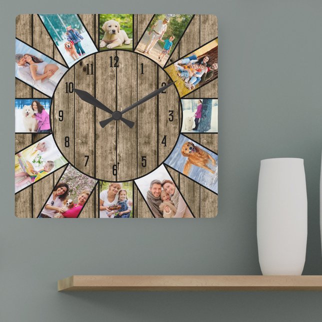 Reloj Cuadrado Madera natural rústica de 12 Collages de fotos per (Photo clock with 12 photos, one at each hour. Great design for your home or a thoughtful photo gift.)