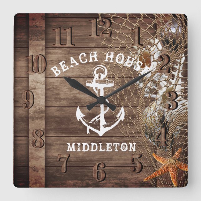 Reloj Cuadrado Madera náutica Vintage (Anverso)