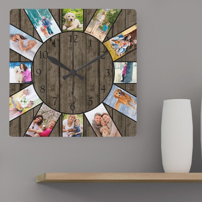 Reloj Cuadrado Madera negra rústica de 12 Collages de fotos perso (Photo clock with 12 photos, one at each hour. Great design for your home or a thoughtful photo gift.)