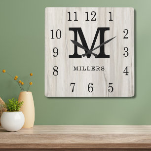 Reloj Cuadrado Madera personalizada rústica Monograma de granja N