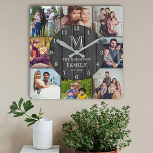 Reloj Cuadrado Madera Rústica Negra Monograma Familiar Collage de
