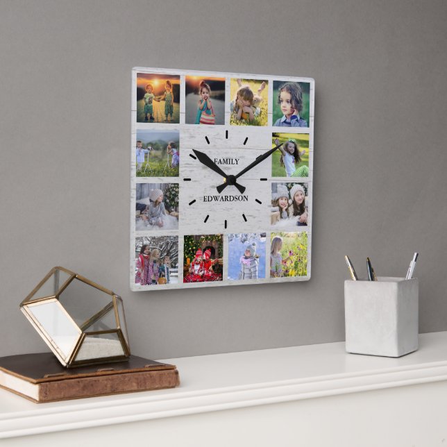 Reloj Cuadrado Madera rústica Nombre del monograma de la familia (Oficina)