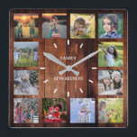 Reloj Cuadrado Madera rústica Nombre del monograma de la familia<br><div class="desc">Personalizado Collage de fotos familiares en reloj de fondo de madera rústica. Añade tus propias fotos y nombre personales para personalizar el reloj y crearás un reloj muy personal y único.</div>