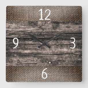 Reloj Cuadrado Madera Rústica Oscura Y Granja Burlap
