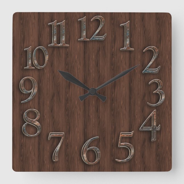 Reloj Cuadrado Madera y aspecto Metalizado (Anverso)