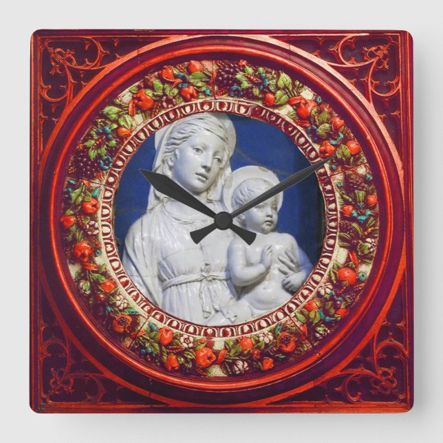 RELOJ CUADRADO MADONNA CON CULTIVO DE RENACIMIENTO FLORAL ROJO IN