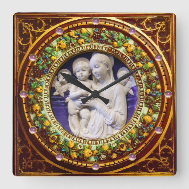 RELOJ CUADRADO MADONNA CON NIÑO, ANGELES FLORAL RENAISSANCE CROWN (Anverso)