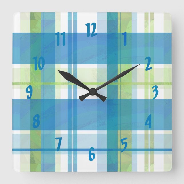 Reloj Cuadrado Madras verdes y azules (Anverso)
