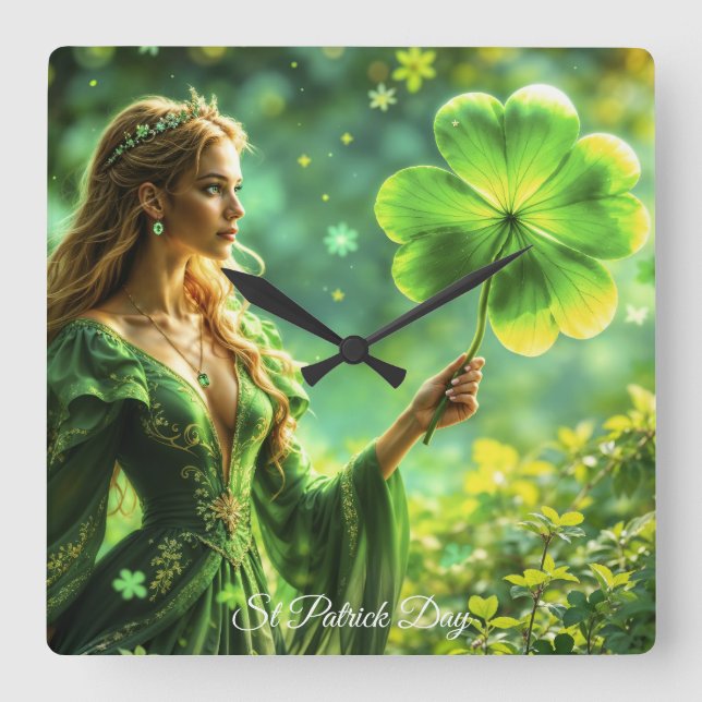 Reloj Cuadrado Magia del trébol de princesas místicas de San Patr (Anverso)