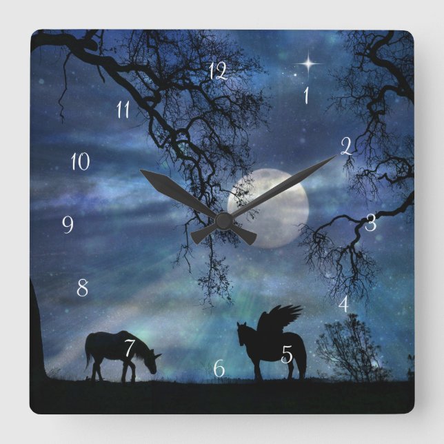 Reloj Cuadrado Magic Fantasy Unicorn and Pegasus Clock (Anverso)