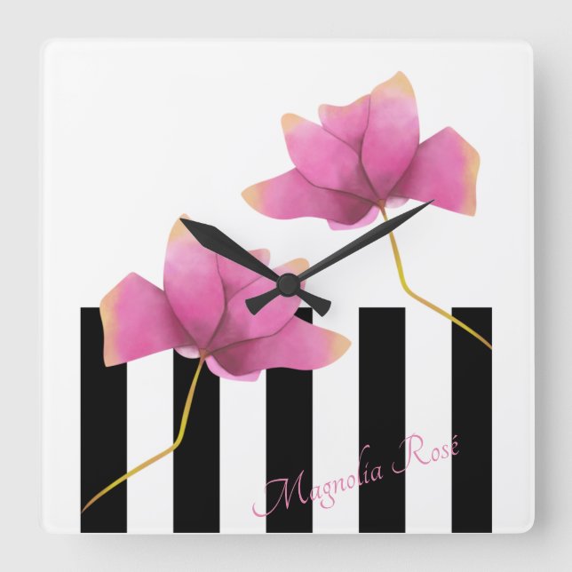 Reloj Cuadrado Magnolia Rosé Floral moderna y rayas (Anverso)