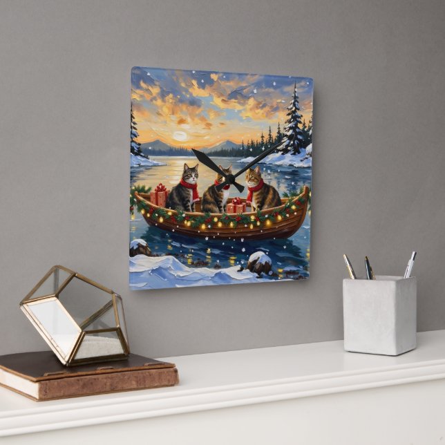 Reloj Cuadrado Maine Coon Cat Christmas Boat Holiday (Oficina)