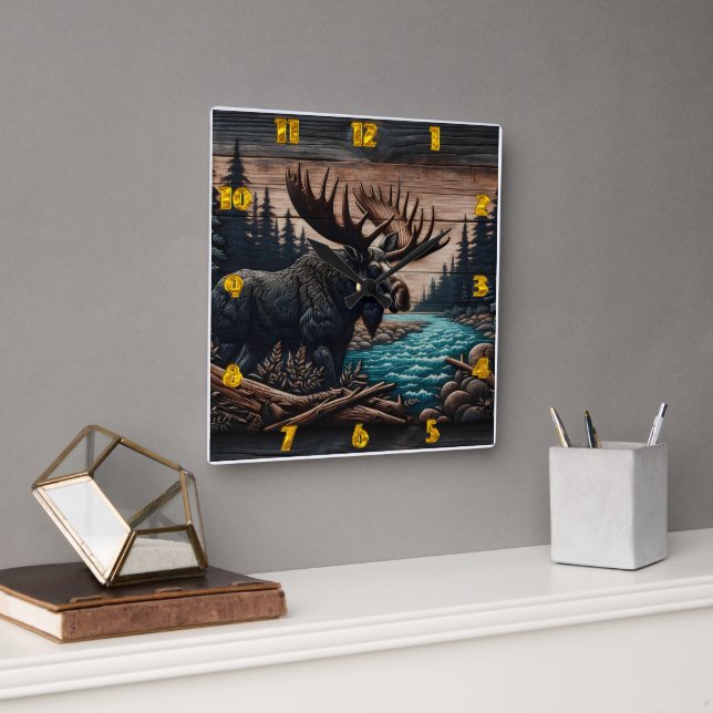 Reloj Cuadrado Majestic Moose by Serene Forest River (Oficina)