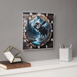 Reloj Cuadrado Majestic Moose by Stream en el paisaje montañoso