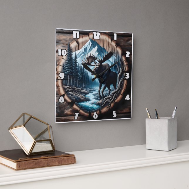 Reloj Cuadrado Majestic Moose by Stream en el paisaje montañoso (Oficina)