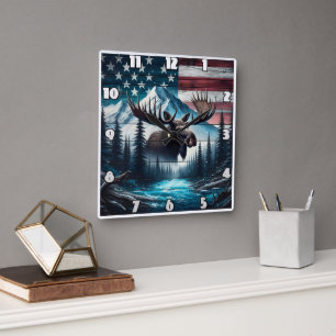 Reloj Cuadrado Majestic Moose con vistas al paisaje americano
