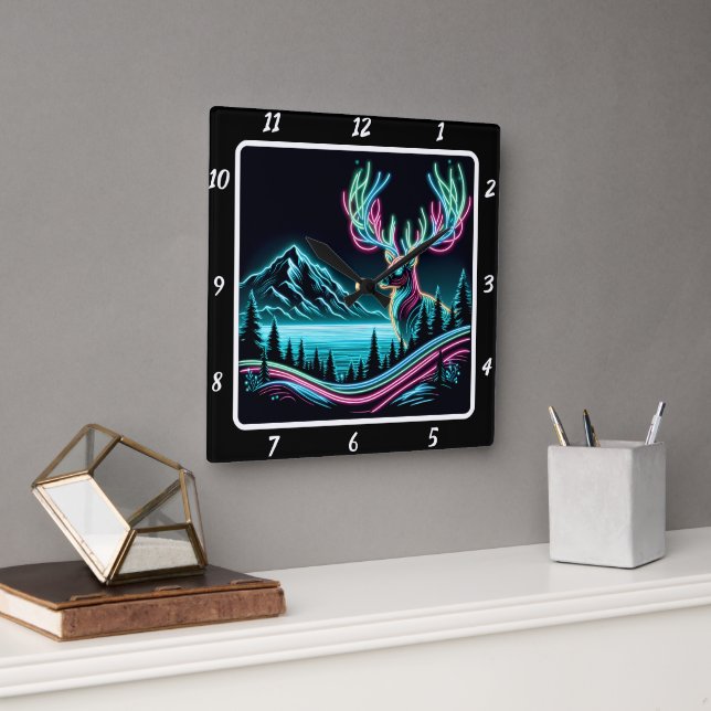 Reloj Cuadrado Majestic Neon Deer Wall Art (Oficina)