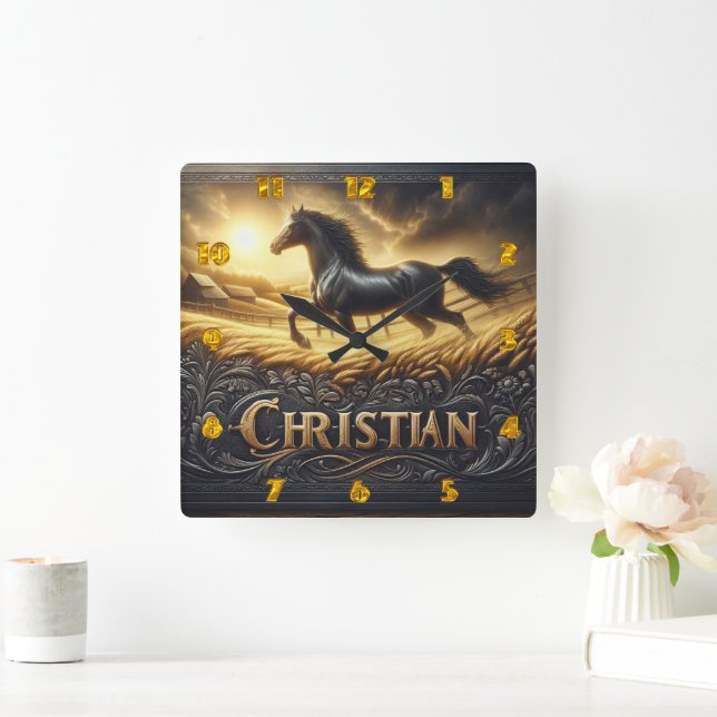 Reloj Cuadrado Majestuosa Gallopaje de Caballo Negro al amanecer (Hogar)
