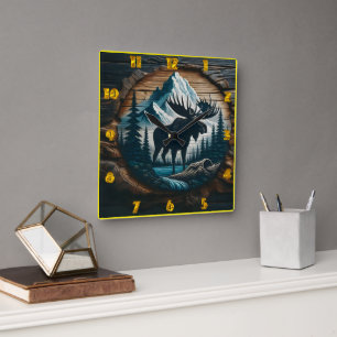 Reloj Cuadrado Majestuoso alce en el paisaje boscoso de montaña