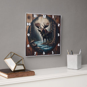 Reloj Cuadrado Majestuoso alce junto al río en el bosque Denso