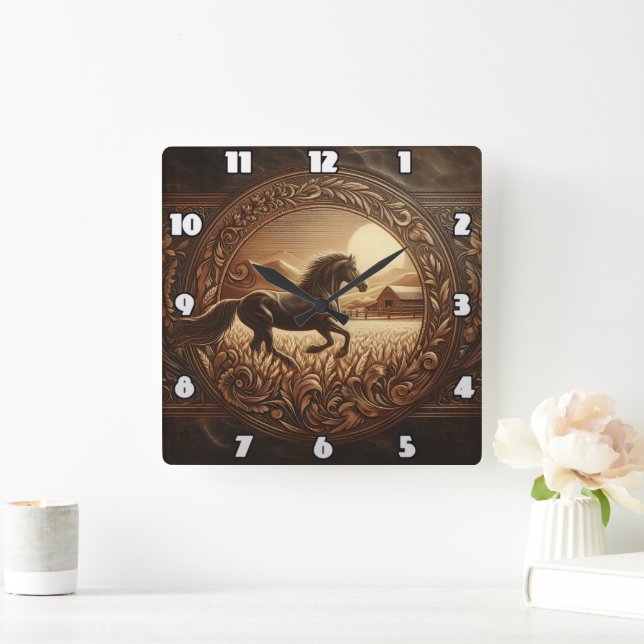 Reloj Cuadrado Majestuoso caballo corriendo por campos dorados (Hogar)