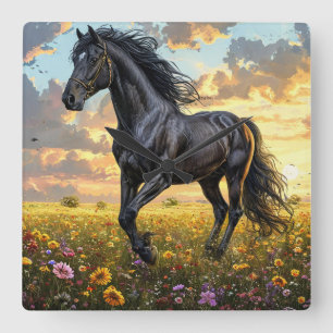Reloj Cuadrado Majestuoso caballo negro galopando a través de una