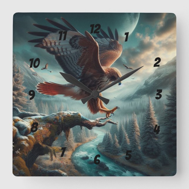 Reloj Cuadrado Majestuoso Hawk de cola roja (Anverso)