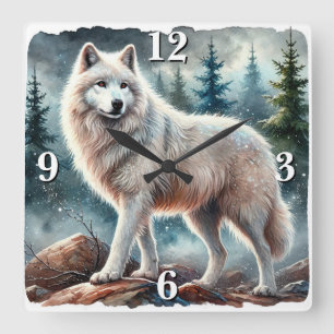 Reloj Cuadrado Majestuoso Lobo Blanco en el bosque de invierno