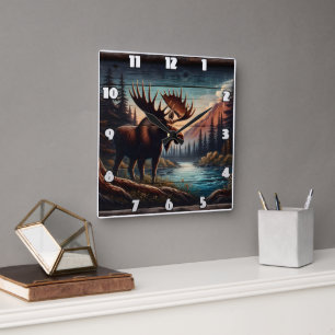 Reloj Cuadrado Majestuoso Moose por Tranquilo Mountain Stream
