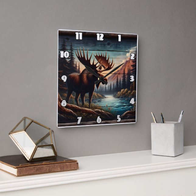 Reloj Cuadrado Majestuoso Moose por Tranquilo Mountain Stream (Oficina)