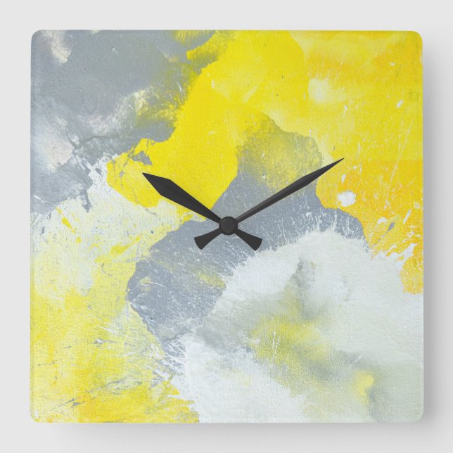 Reloj Cuadrado 'Make A Mess' Grey and Yellow Abstract Art Clock (Anverso)