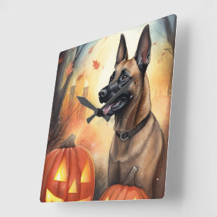 Reloj Cuadrado Malinoi belga de Halloween con calabazas temerosas