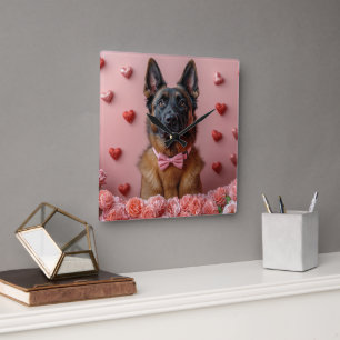 Reloj Cuadrado Malinois Belga con Rosas - Día de San Valentín 