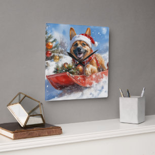 Reloj Cuadrado Malinois Belga en Trineo Deja que Nieve Navidad
