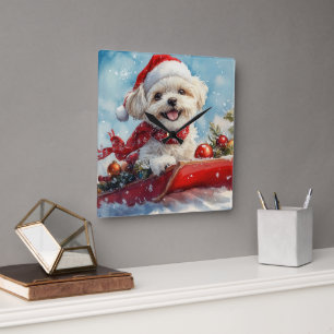 Reloj Cuadrado Malti Tzu  Perro en Trineo Deja que Nieve Navidad