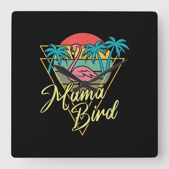 Reloj Cuadrado Mama Bird Flamingo Sunset Palm Tree Beach 80 (Anverso)