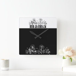 Reloj Cuadrado Mamá Flor Silvestre Minimalista en Blanco y Negro