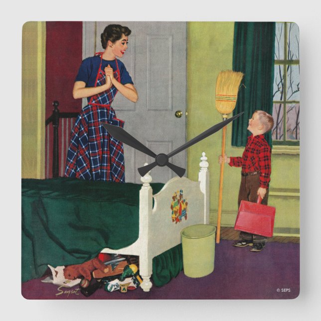 Reloj Cuadrado ¡Mamá, limpié mi sitio! (Anverso)