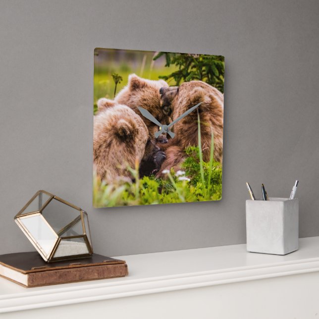 Reloj Cuadrado Mamá oso enfermería sus dos cobs, el lago Clark Na (Oficina)