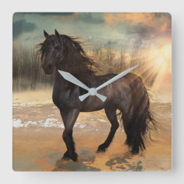 Reloj Cuadrado Mañana frisón con niebla - Caballo