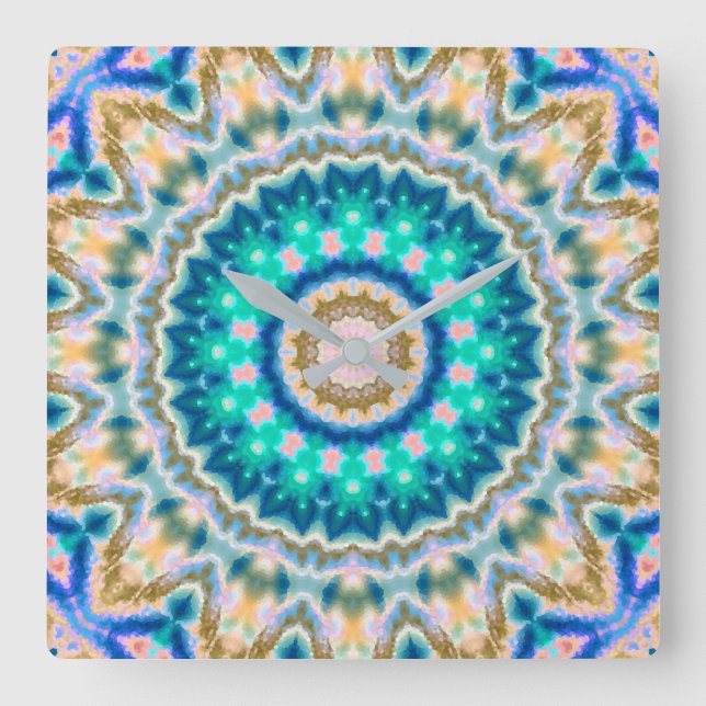 Reloj Cuadrado Mandala amarilla turquesa (Anverso)