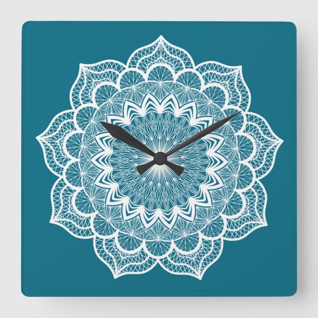 Reloj Cuadrado Mandala Blanco sobre Fondo Azul (Anverso)