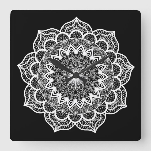 Reloj Cuadrado Mandala Blanco sobre Fondo Negro (Anverso)